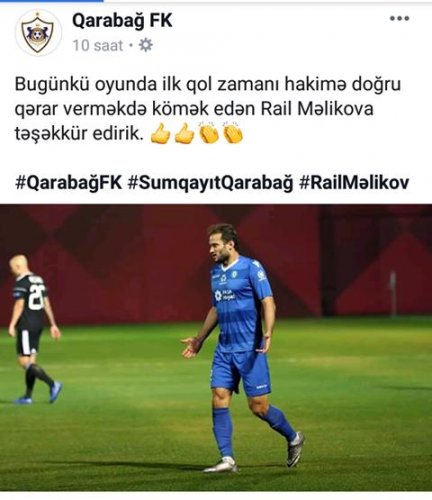 "Qarabağ"dan Rail Məlikova təşəkkür