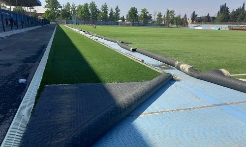 Tovuz şəhər stadionunun ot örtüyü yenilənir - FOTOLAR